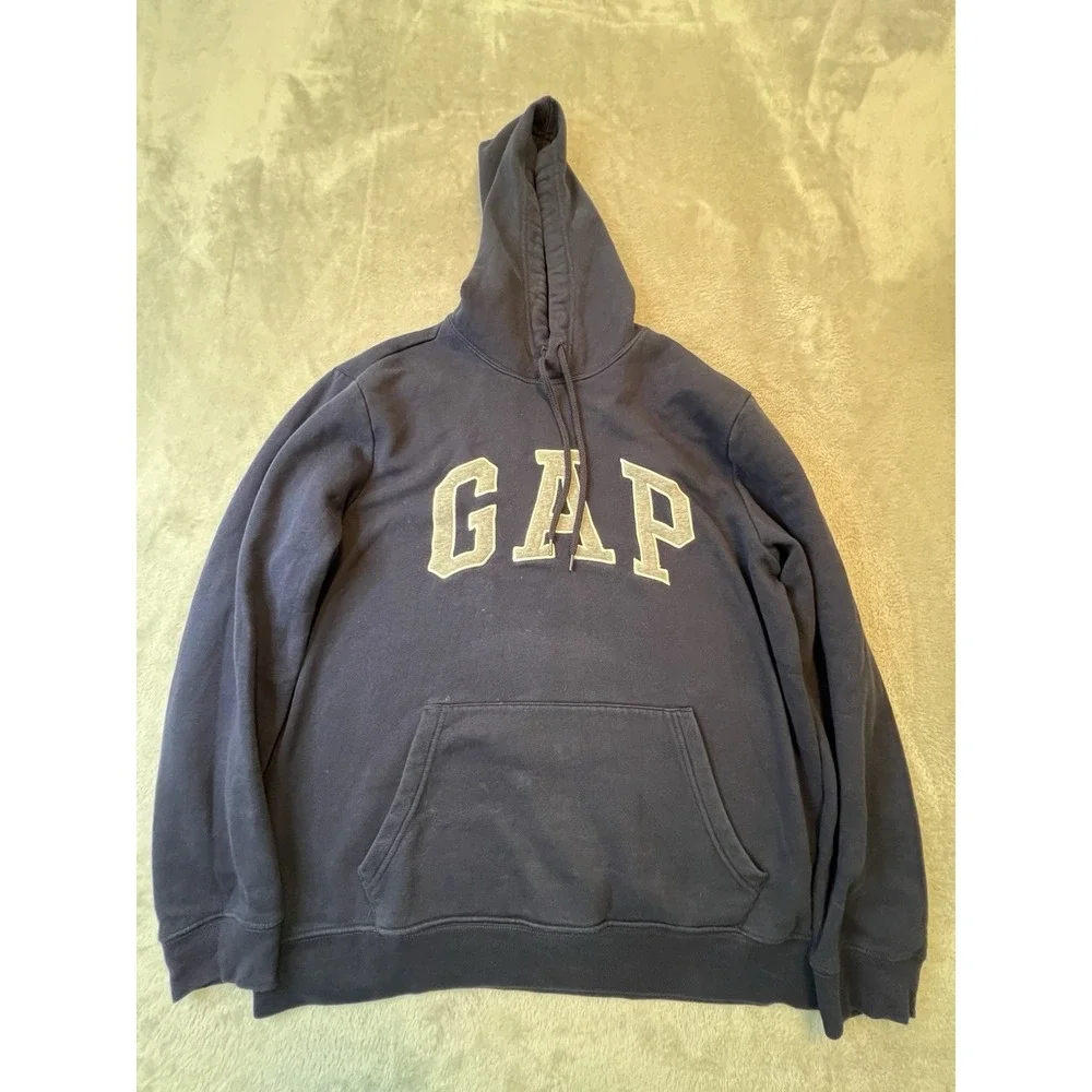Gap Womens Sweatshirt Size M Navy Blue Logo Graphic Fleece Hoodie